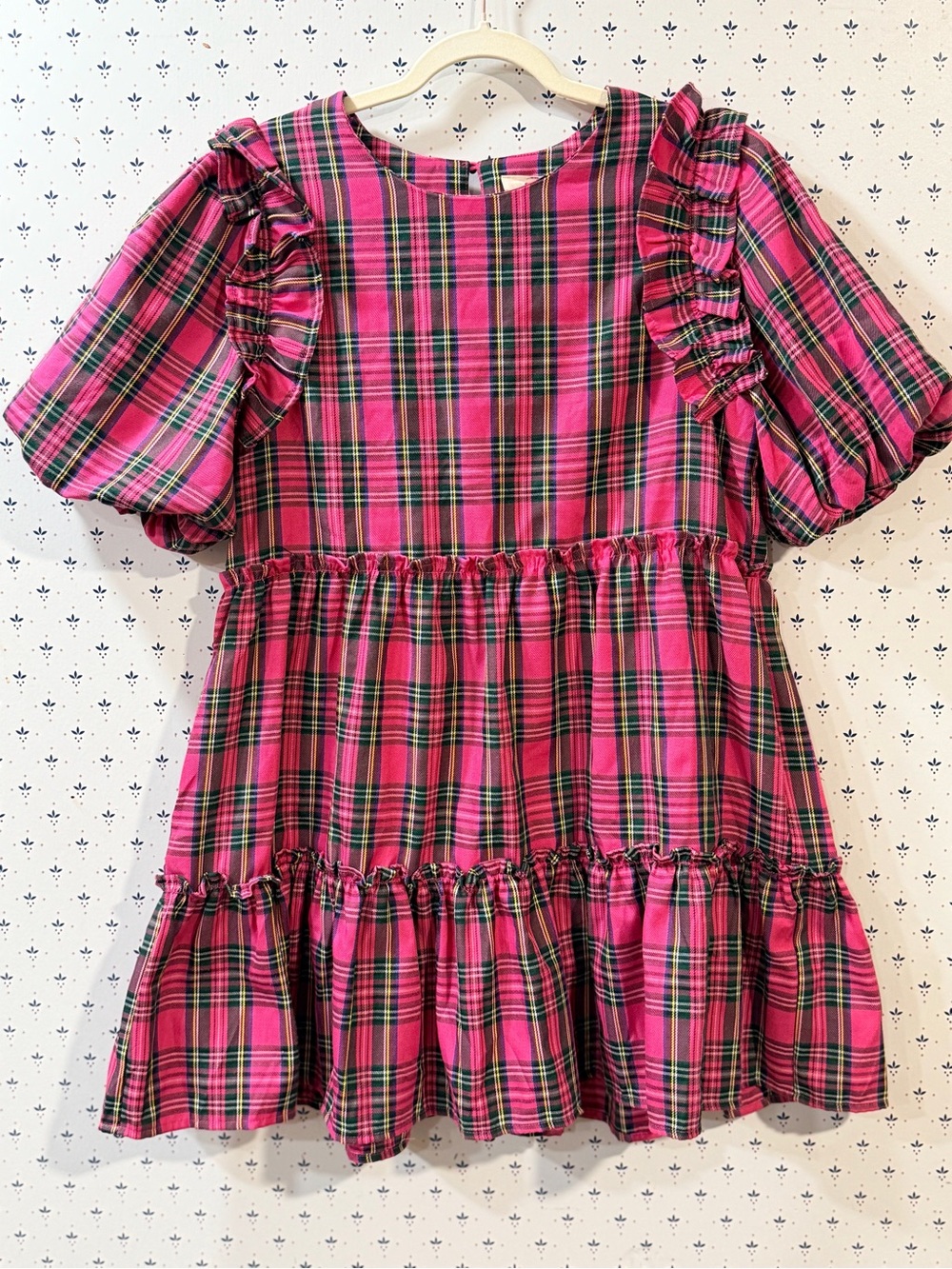 Entro Pink Plaid Ruffle Puff Sleeve Babydoll Mini Dress - NWT Size L